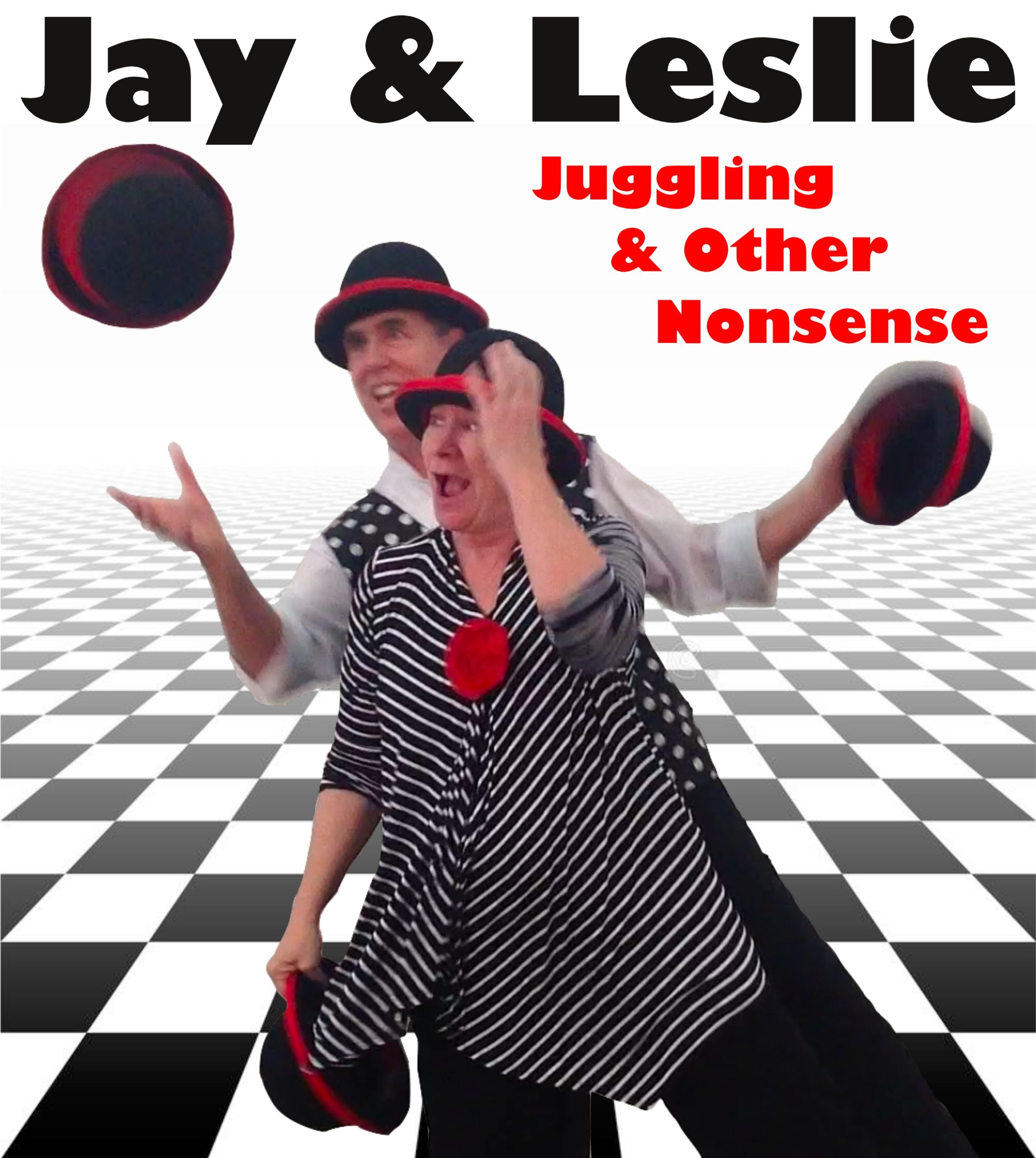 Jay & Leslie on a checkered background juggling hats