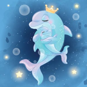Cute dolphin mother and baby illustration