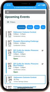 An image of our upcoming events calendar on our CCLD mobile app.