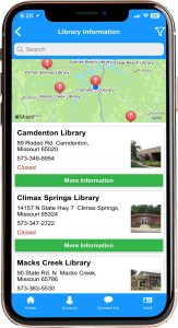 An image depicting what our locations page of the CCLD mobile app looks like with a larger map at the top with pins and then library information below.