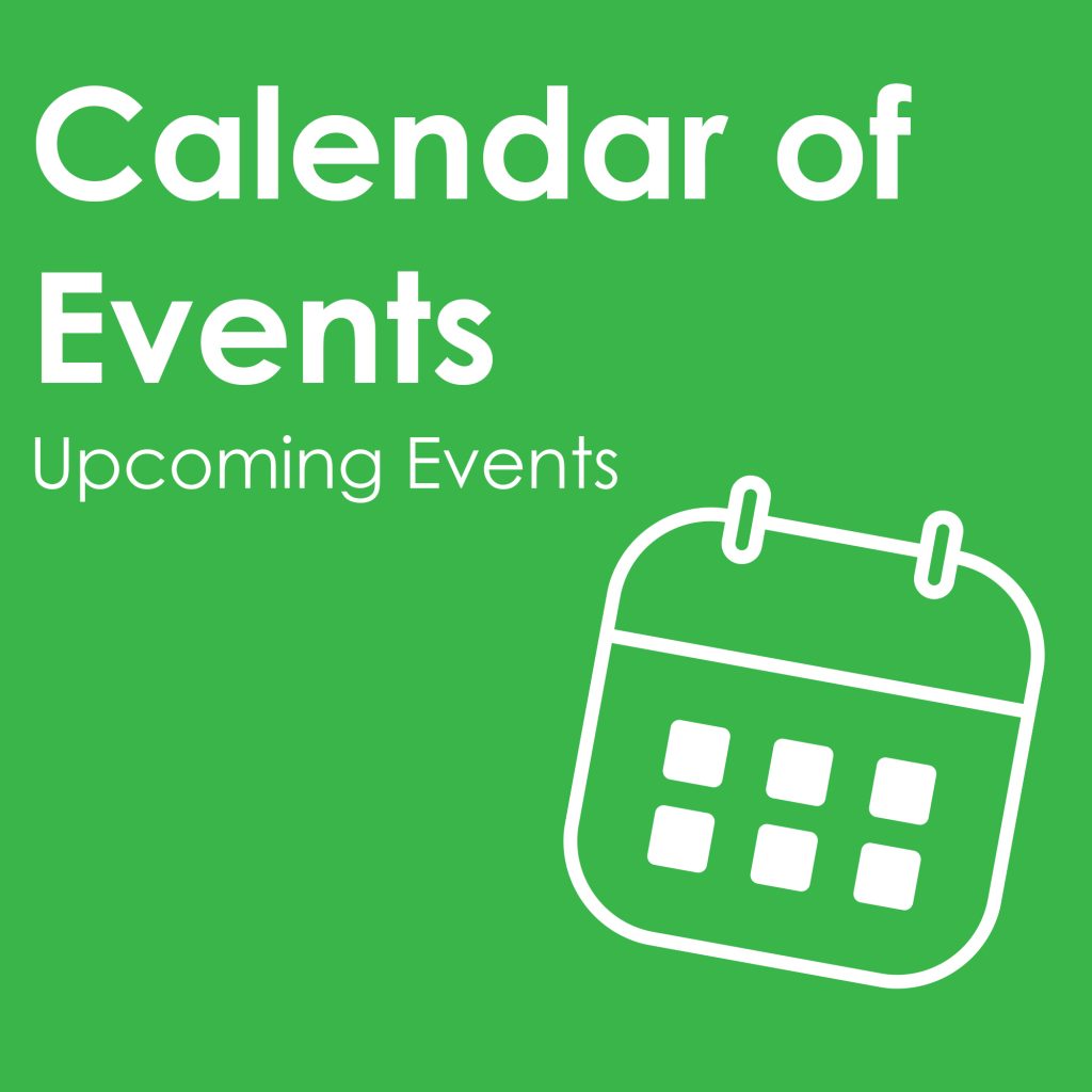 An icon of a calendar page on white on a green background letting everyone know about our library calendar of events.