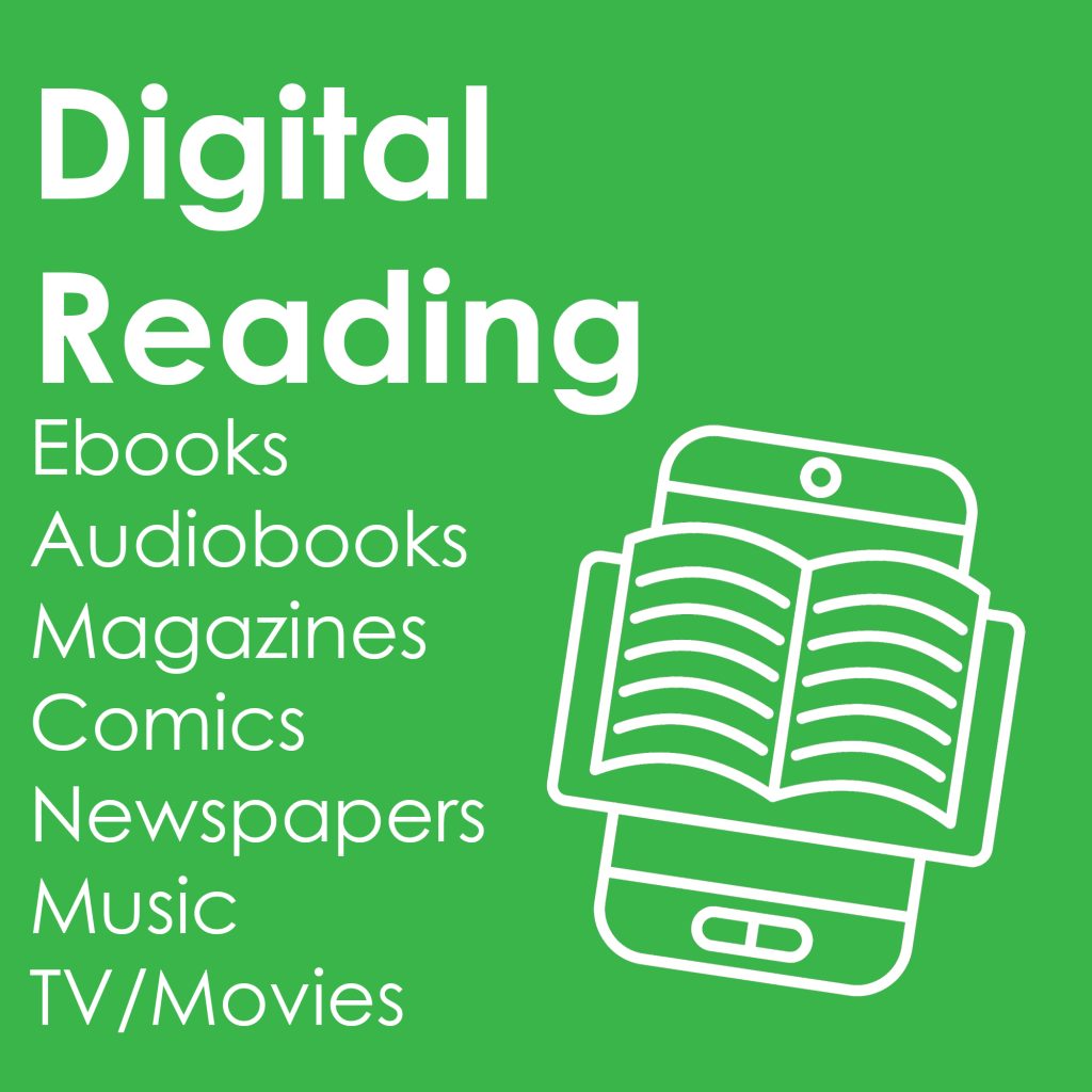 An icon of a book opening up within a smart device (phone or tablet) in white on a green background.