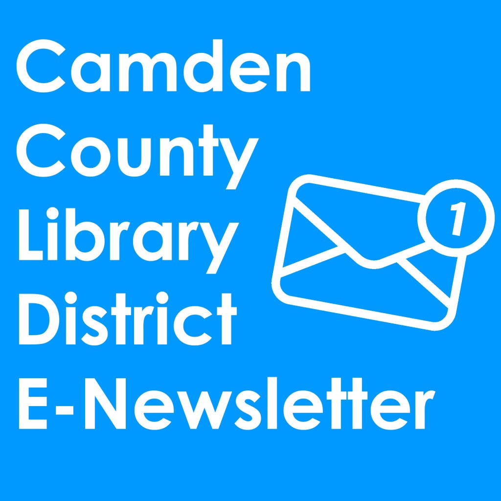 A closed envelope with a number beside depicting patrons who have signed up for our monthly Camden County Library District eNewsletter in white on a blue background.