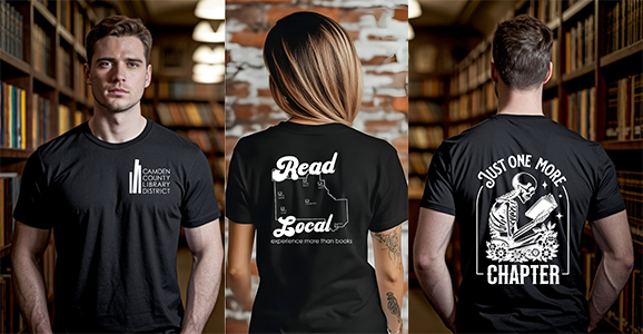Gentleman on the left side of the picture is modeling the front of our CCLD t-shirts, the woman in the middle is modeling our first t-shirt design depicting Camden County with an outline of the county, and the approximate locations of our libraries indicated with a book and town name. The gentleman on the right of the picture is modeling what the back of our new t-shirts will look like. It is a skeleton sitting and holding an open book. The wording around the image says, "Just one more chapter."